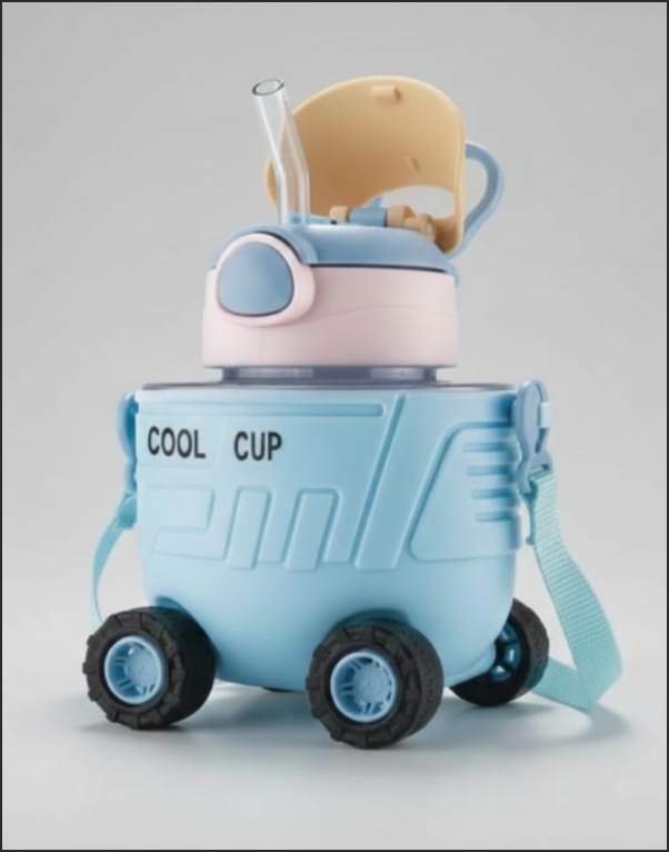 Cool Cup Kids Water Bottle, Car Shaped Design with Wheels & Cap, Shoulder Strap,