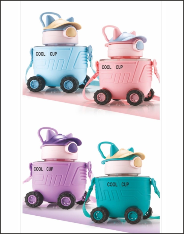 Cool Cup Kids Water Bottle, Car Shaped Design with Wheels & Cap, Shoulder Strap, - Image 3