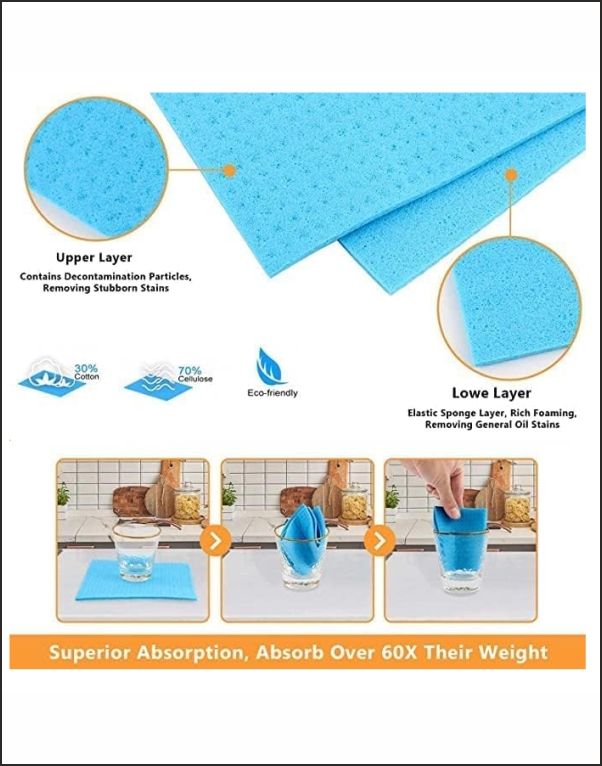 Cellulose Sponge Absorbent Cleaning Cloths Multipurpose5 Pieces Set Suitable for Cleaning & Wiping Kitchenware - Image 3