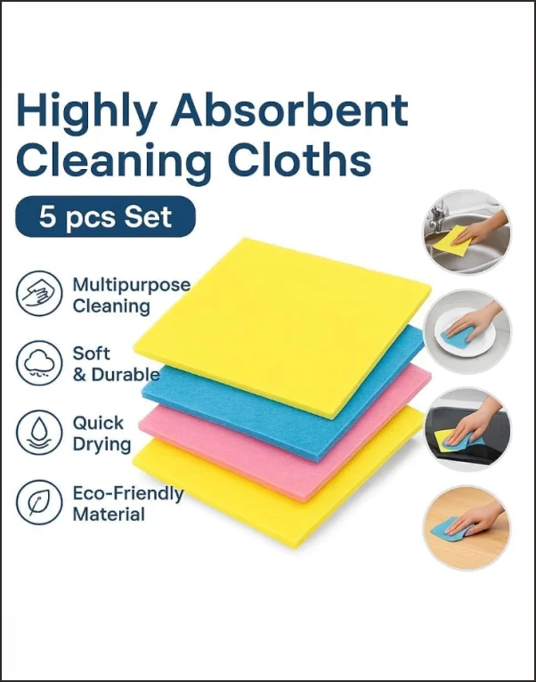 Cellulose Sponge Absorbent Cleaning Cloths Multipurpose5 Pieces Set Suitable for Cleaning & Wiping Kitchenware