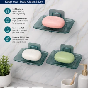 3 PCS Wall Mounted Self Draining Soap Holder | No Drill Adhesive Soap Dish | Waterproof | Grey