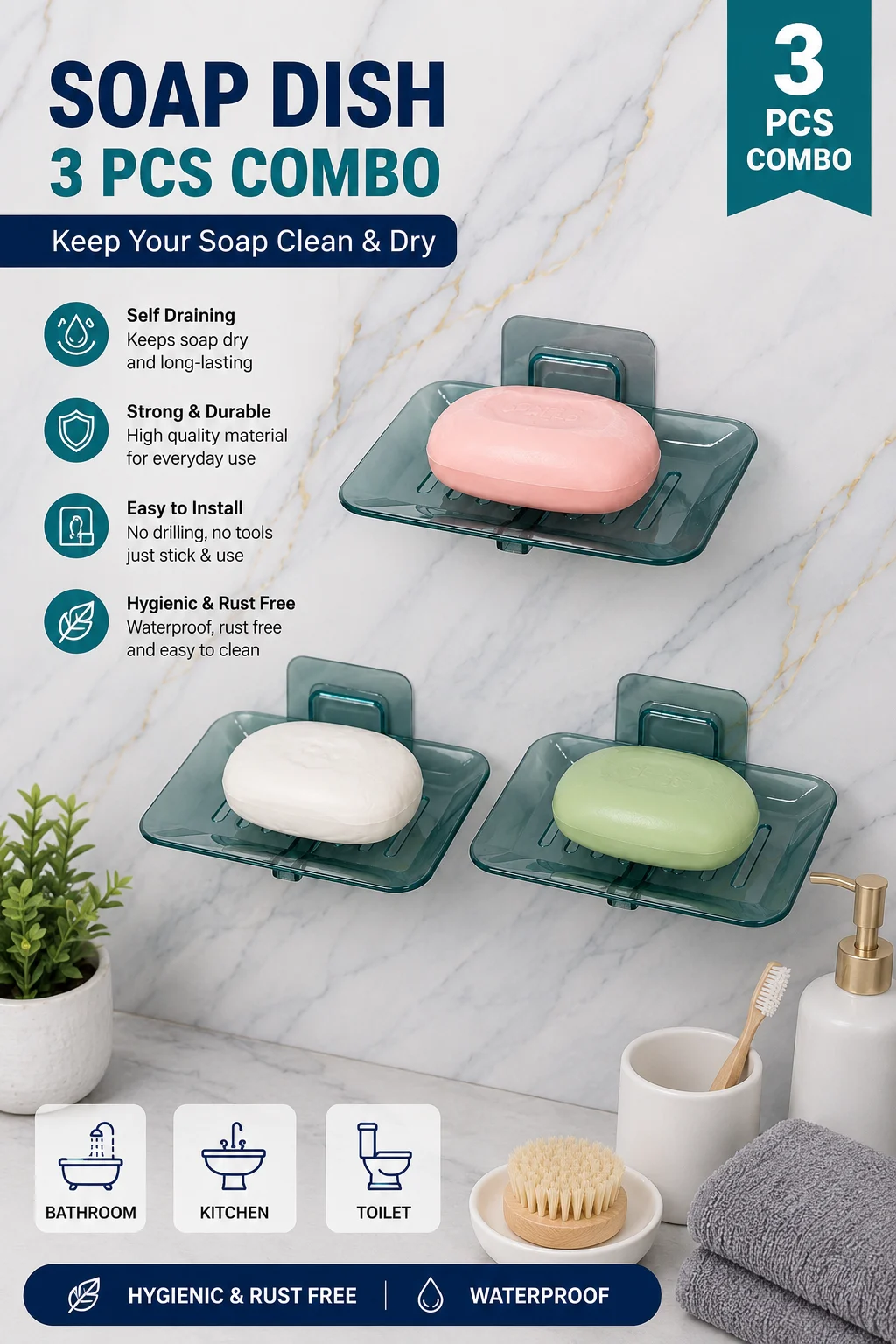 3 PCS Wall Mounted Self Draining Soap Holder | No Drill Adhesive Soap Dish | Waterproof | Grey