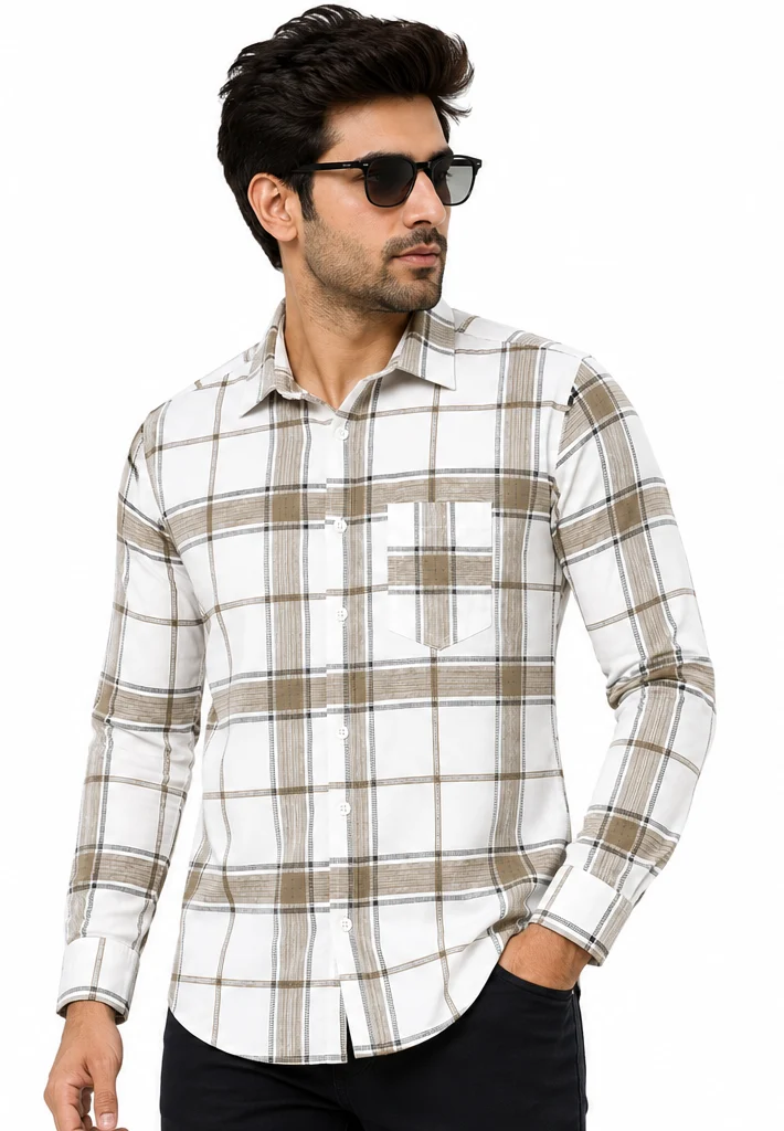Men's Premium Cotton Beige Check Full Sleeve ShirtFor Men