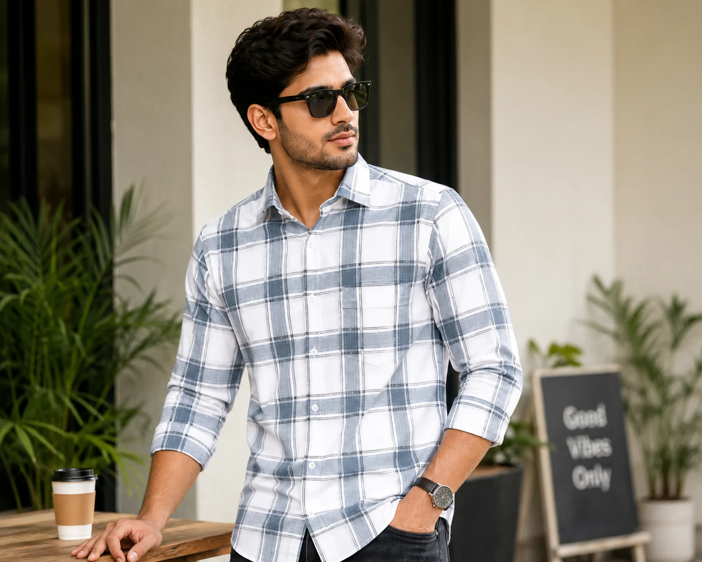 Men’s Premium Cotton Beige Check Full Sleeve Shirt - Image 3