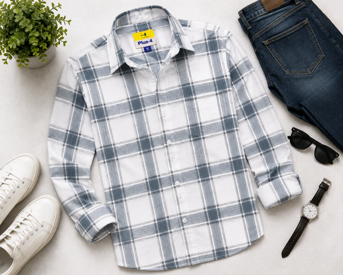 Men’s Premium Cotton Beige Check Full Sleeve Shirt - Image 2